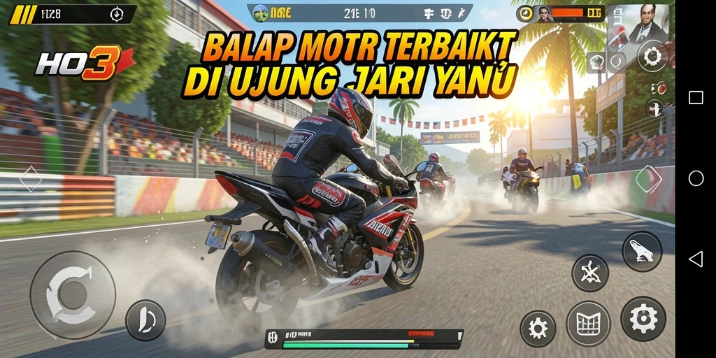 Gameplay menarik di balapan motor HO3 dengan grafis menawan.