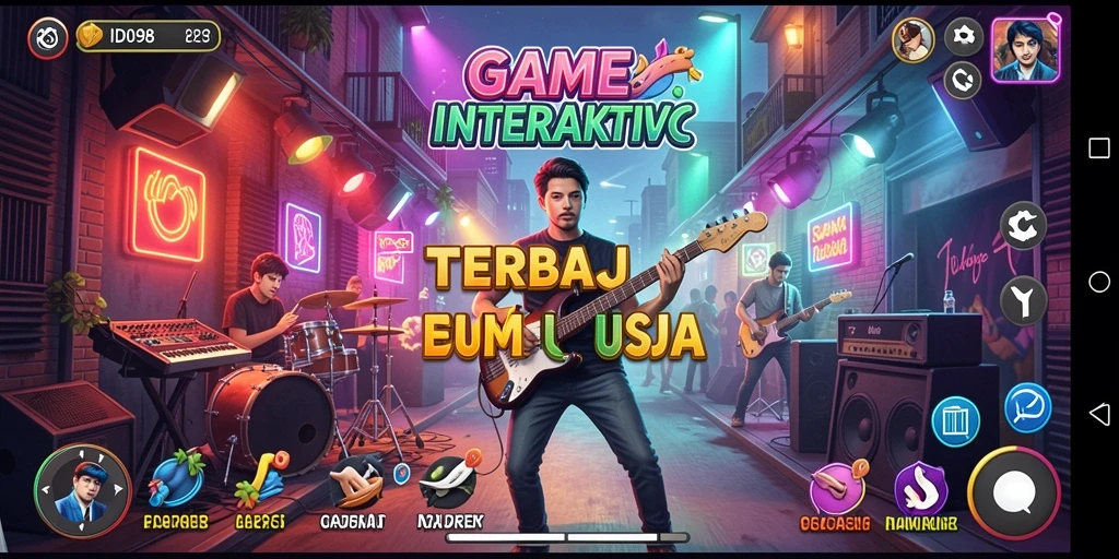 Tampilan gameplay ID098 yang meriah dengan berbagai pilihan lagu.