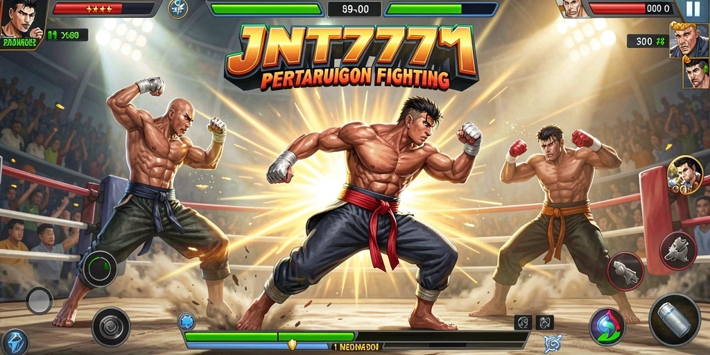 Gameplay mendebarkan dari JNT777 dengan karakter bertarung di arena.