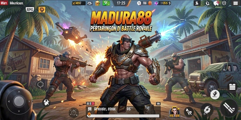 Screenshot utama MADURA88 menunjukkan pertarungan intens di medan Battle Royale.