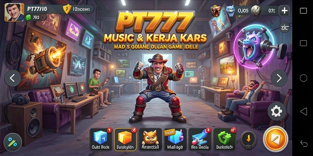 Tampilan gameplay PT777 yang menonjolkan aksi Idle dan pembangunan kerajaan musik.