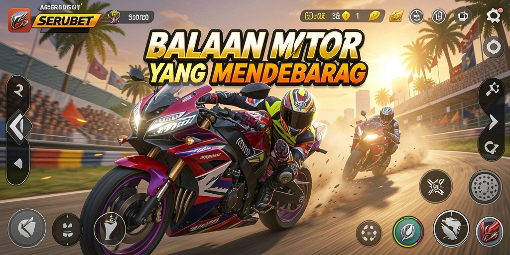 Gameplay SERUBET menampilkan aksi balapan motor yang seru.